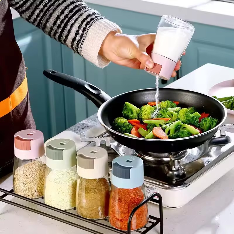 Salt pusher, salt tank, spice and seasoning bottle