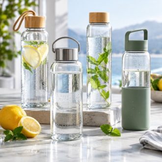 Reusable clear glass water bottles with bamboo metal and plastic caps for wholesale supply