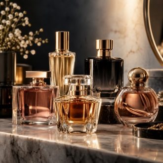 Luxury glass perfume bottles in different shapes with gold caps for wholesale and private label packaging