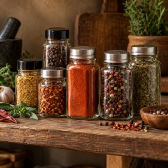 Clear glass spice bottles with shaker lids filled with herbs and seasonings for wholesale supply
