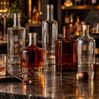 Clear and amber glass spirit bottles in different shapes for wholesale beverage packaging