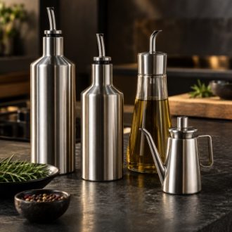 Stainless steel oil bottles and dispensers with metal pouring spouts for bulk supply